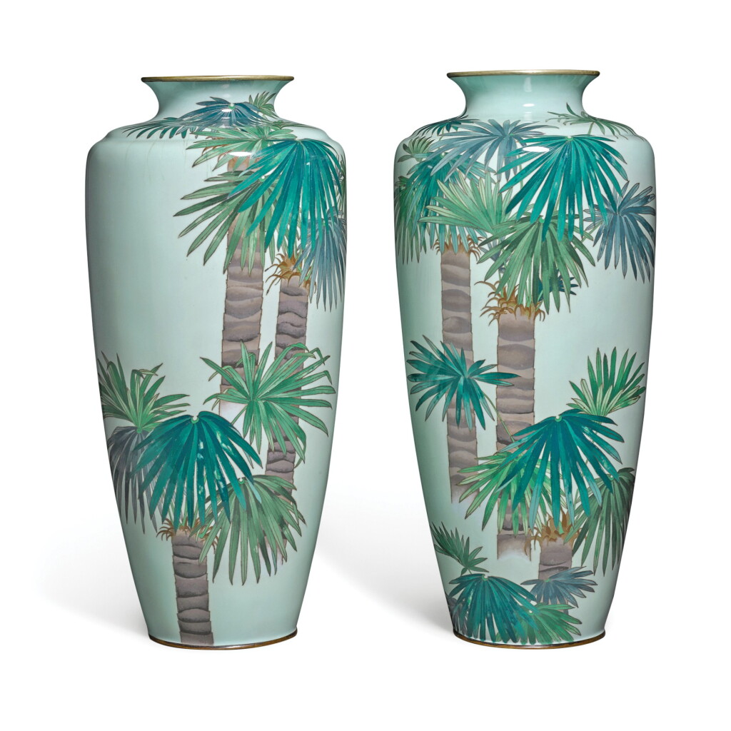View full screen - View 1 of Lot 82. A PAIR OF CLOISONNÉ VASES SIGNED KI WITHIN A HEART-SHAPED RESERVE (HAYASHI KIHYOE, 1848-1931), MEIJI PERIOD, LATE 19TH CENTURY.