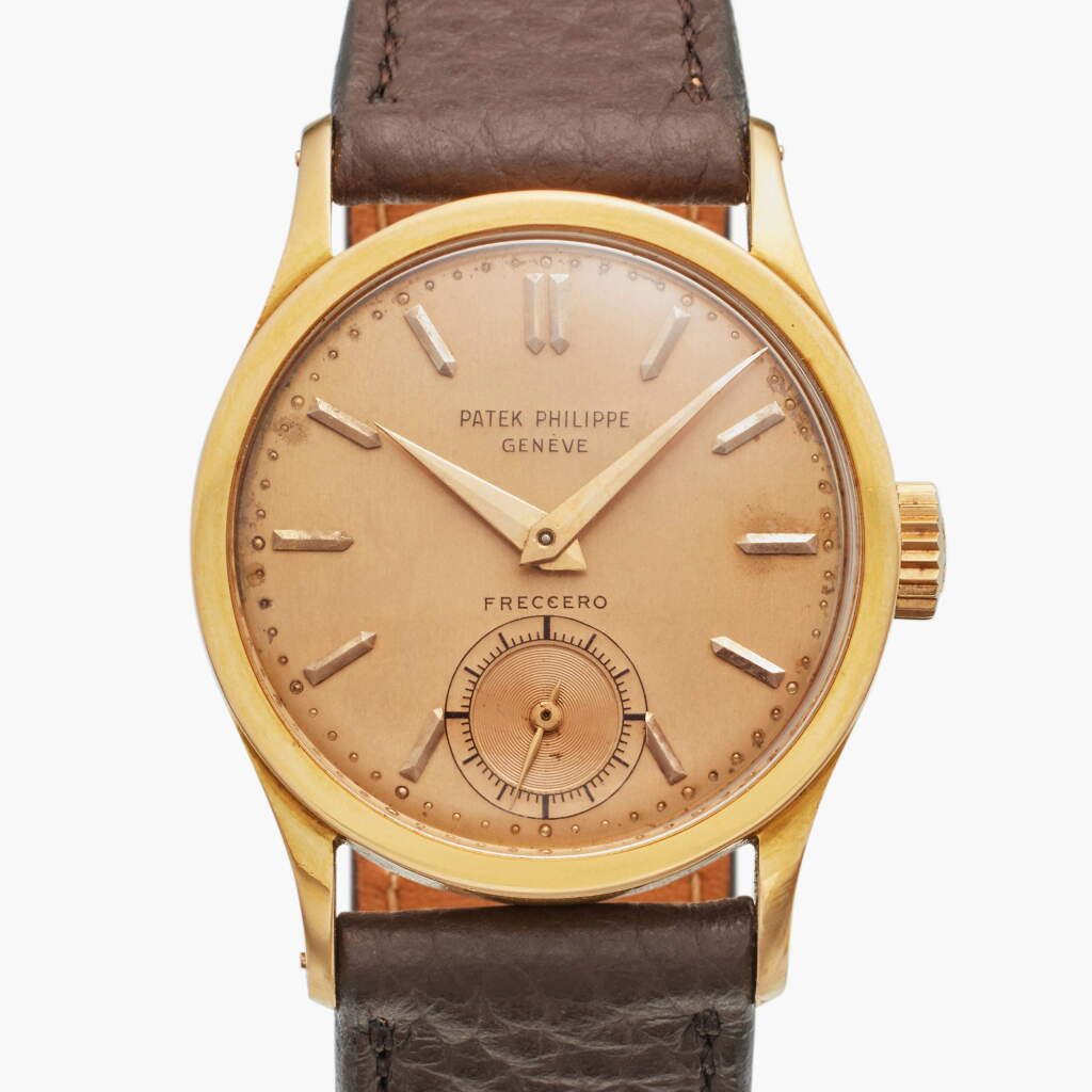 View full screen - View 1 of Lot 36. Reference 1594 Calatrava 'Pink on Pink' | Retailed by Freccero: A pink gold wrist watch with pink dial, Made in 1944.