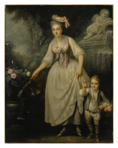 View full screen - View 1 of Lot 524. ATTRIBUTED TO JEANNE-PHILIBERTE LEDOUX | PORTRAIT OF A LADY, SAID TO BE THE DUCHESSE DE CHOISEUL, WITH A BOY, IN A GARDEN .