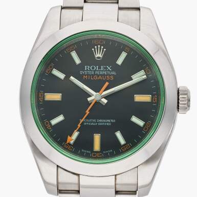 View full screen - View 1 of Lot 396. Reference 116400 Milgauss | A stainless steel automatic antimagnetic wristwatch with green sapphire crystal and bracelet, Circa 2008.