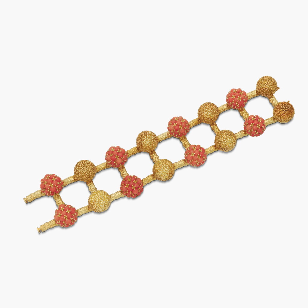 View full screen - View 1 of Lot 728. Gold and Coral Bracelet.