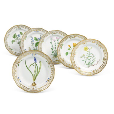 View full screen - View 1 of Lot 408. Six Royal Copenhagen 'Flora Danica' Reticulated Dinner Plates, Modern.