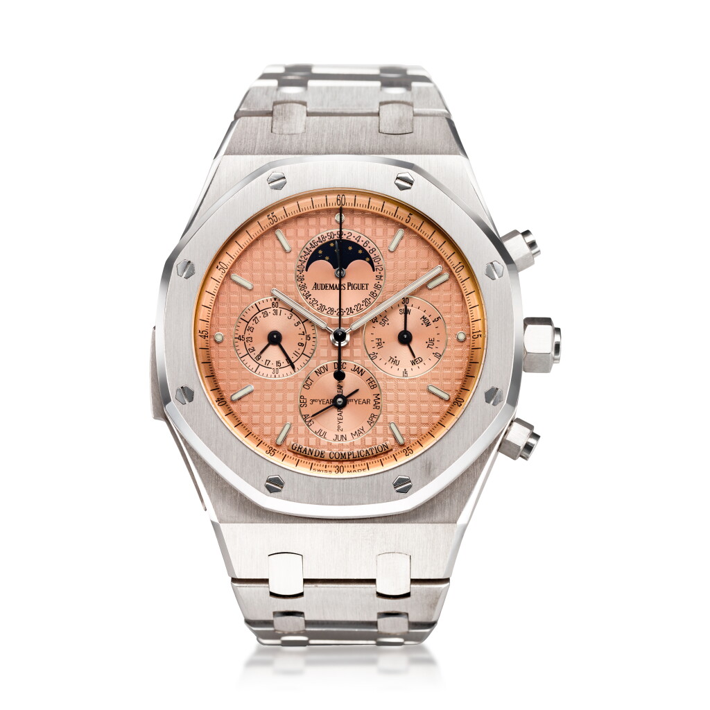 View full screen - View 1 of Lot 113. REFERENCE 25865BC.OO.1105BC.01ROYAL OAK GRAND COMPLICATION AN IMPRESSIVE AND HEAVY WHITE GOLD AUTOMATIC MINUTE REPEATING PERPETUAL CALENDAR SPLIT SECONDS CHRONOGRAPH WRISTWATCH WITH BRACELET, MOON PHASES AND LEAP YEAR INDICATION, CIRCA 2004.