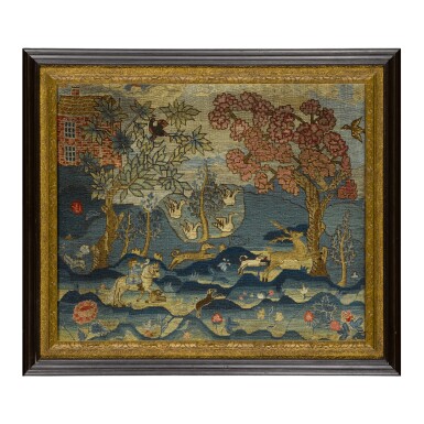 View full screen - View 1 of Lot 1624. RARE AND IMPORTANT CANVASWORK PICTURE: A HUNTING SCENE WITH DOGS, BOSTON, MASSACHUSETTS, CIRCA 1748.