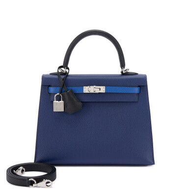 View full screen - View 1 of Lot 560. Limited Edition Bleu Saphir, Bleu France and Black Epsom Tri-color Kelly 25 Sellier Palladium Hardware, 2022.
