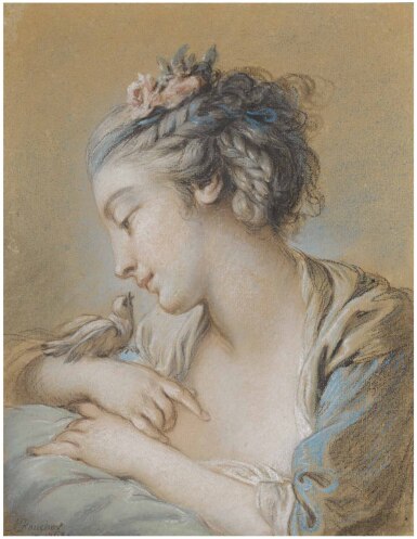 View full screen - View 1 of Lot 20. FRANÇOIS BOUCHER | HEAD-AND-SHOULDERS STUDY OF A YOUNG WOMAN WITH A BIRD ON HER RIGHT WRIST.