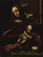 ATTRIBUTED TO FRANCESCO GALLI, CALLED FRANCESCO NAPOLETANO | MADONNA AND CHILD BEHIND A STONE LEDGE WITH A POTTED PLANT AND BIBLE, A LANDSCAPE VISIBLE THROUGH A WINDOW BEYOND