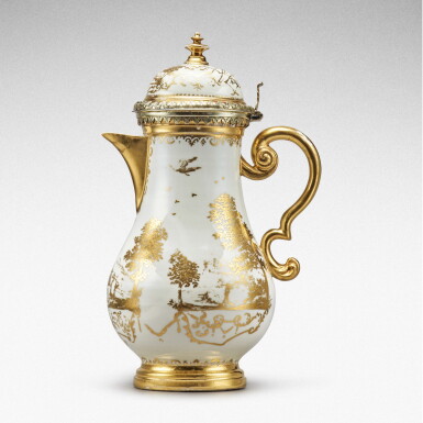 View full screen - View 1 of Lot 14. A Meissen Hausmaler coffee pot and cover with silver-gilt mounts, the porcelain Circa 1720, the decoration slightly later, the mounts Elias Adam, Augsburg, 1721-25.