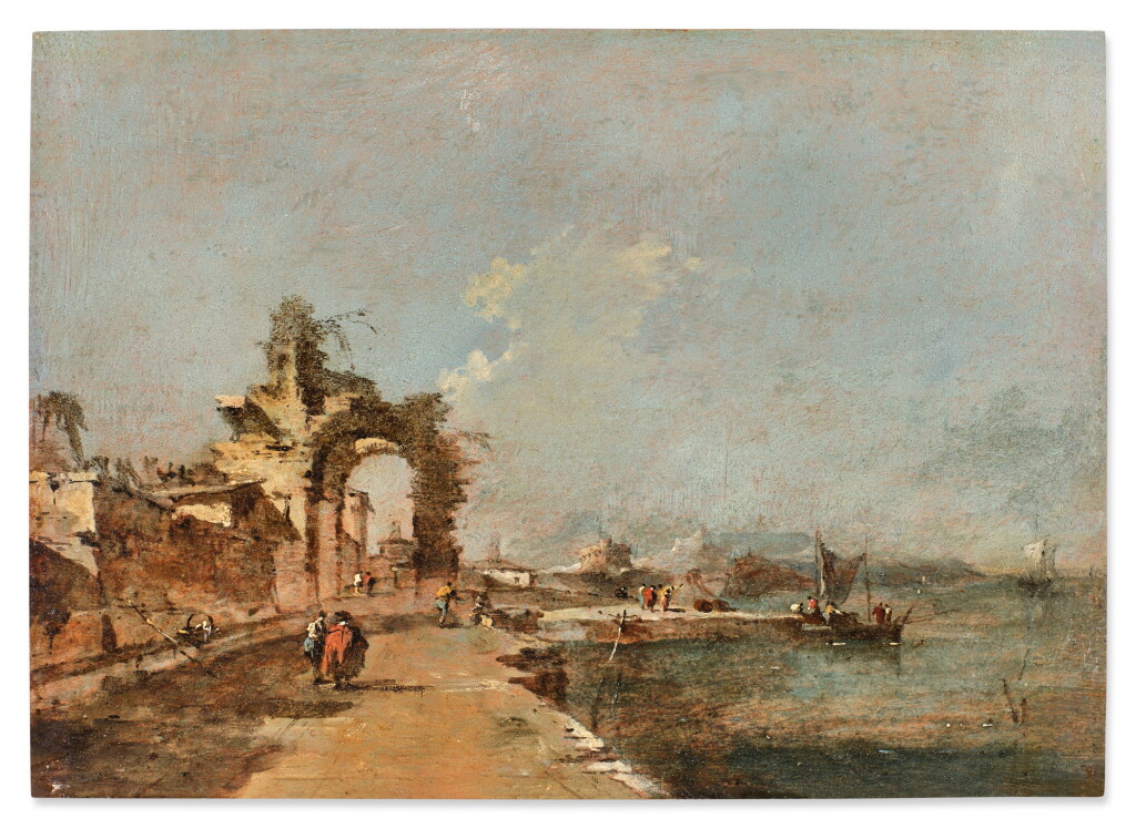 View full screen - View 1 of Lot 51. Capriccio of a Lagoon with Figures and a Ruined Arch Beyond.
