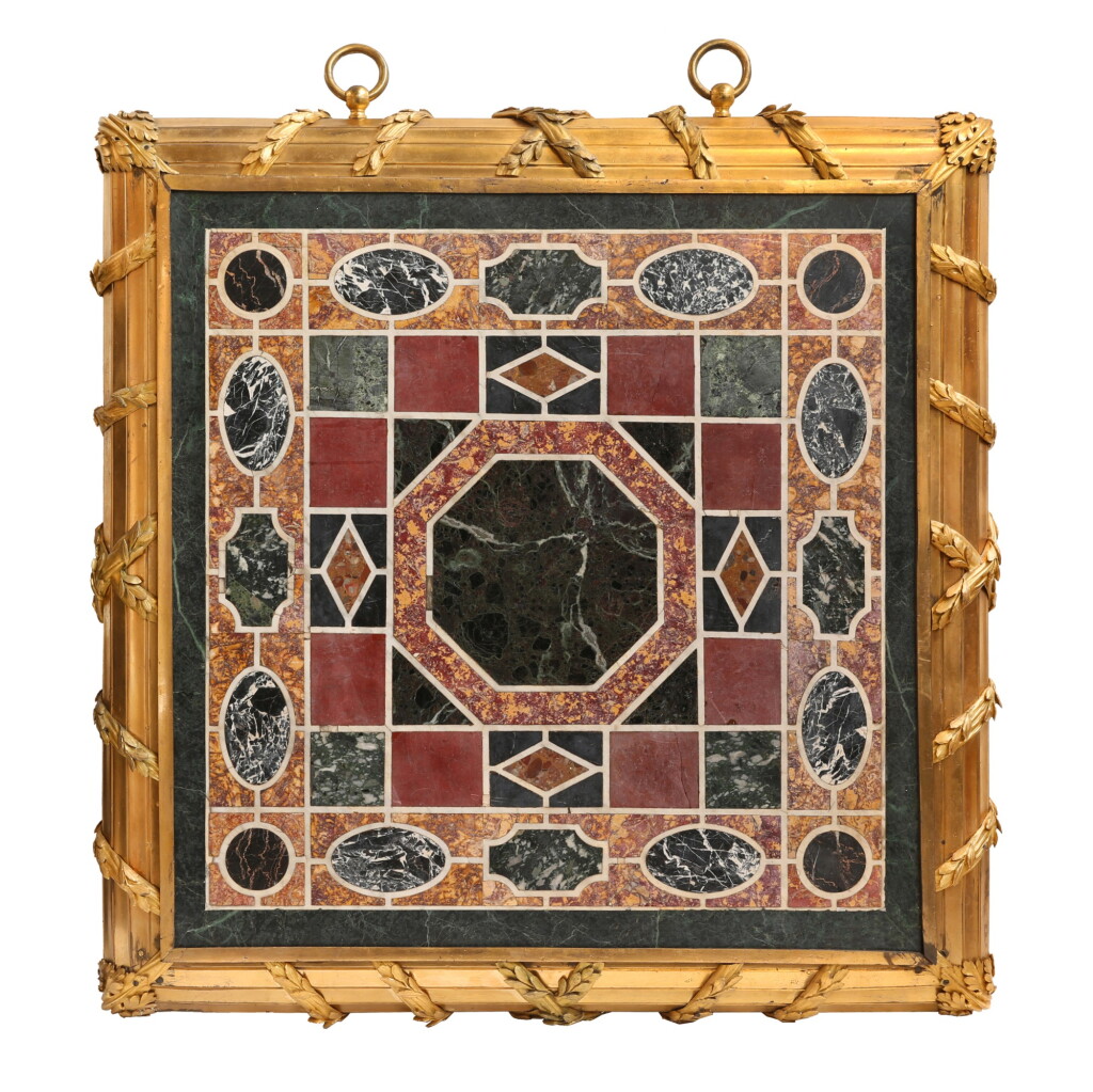 View full screen - View 1 of Lot 70. An Italian gilt bronze framed antique marble inlaid table top, Rome, the top late 16th century, the frame 18th century.