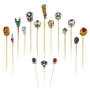 View full screen - View 1 of Lot 131. Cartier | Ruby and diamond stick pin | Group of fifteen gem set and diamond stick pins.