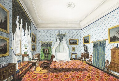 View full screen - View 1 of Lot 246. E. HACKERT | A blue bedroom with mousseline covered bed at the Château de Sagan | Chambre bleue au lit de mousseline du château de Sagan.