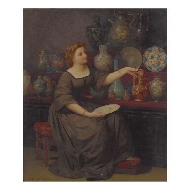 View full screen - View 1 of Lot 160. JEAN-LOUIS HAMON | A LADY SEATED ADMIRING A VASE .