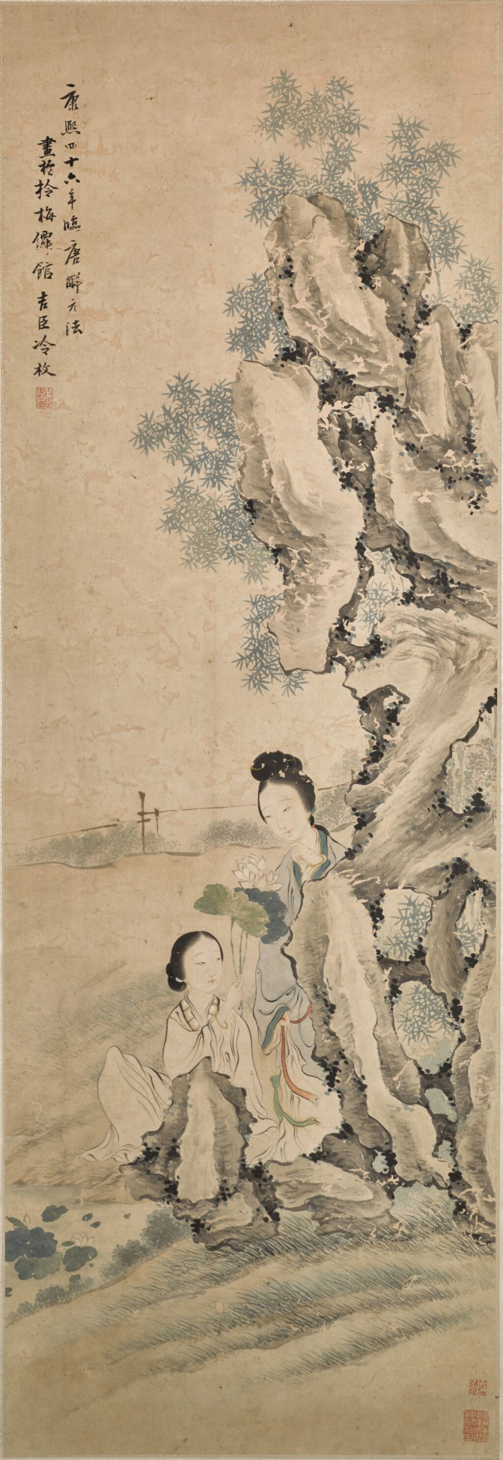 View full screen - View 1 of Lot 60. Attributed to Leng Mei (1669-1742) Two ladies in a garden setting hanging scroll, ink and colour on paper | 冷枚(款) 賞荷圖 設色紙本 立軸.