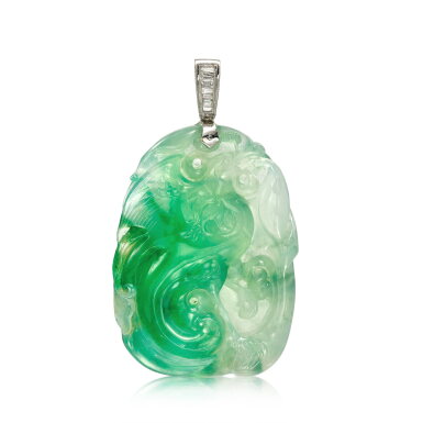 View full screen - View 1 of Lot 605. Jadeite and Diamond Pendant | 天然翡翠雕 配 鑽石 掛墜.