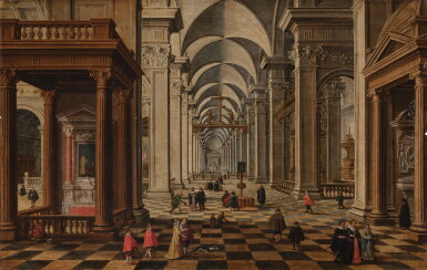 View full screen - View 1 of Lot 526. Interior of an imaginary gothic church with elegant figures.