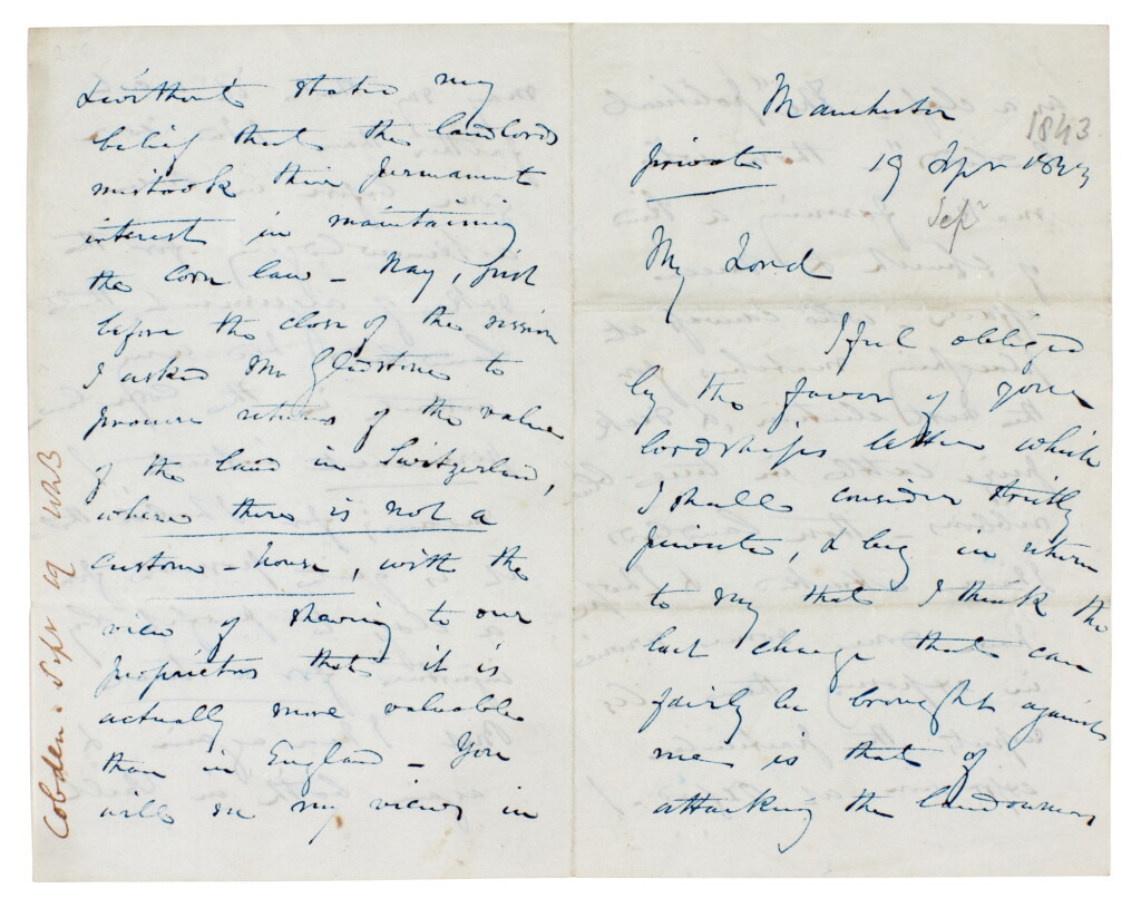 View full screen - View 1 of Lot 26. Richard Cobden | Autograph letter signed, to Lord Lyttelton, on the Corn Laws, 1843.