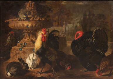 View full screen - View 1 of Lot 98. Hens, a turkey and rabbits in a classical landscape | Poules, dindes et lapins dans un paysage.
