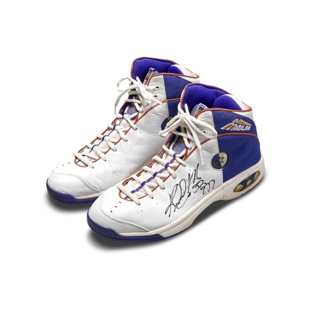 View full screen - View 1 of Lot 56. Karl Malone Worn and Dual Signed Converse All Star PE Sample | Size 16.