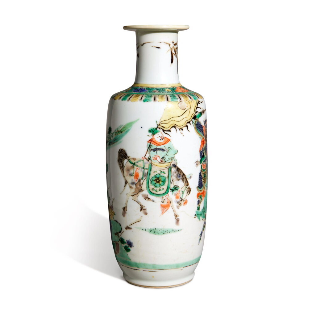 View full screen - View 1 of Lot 398. A famille-verte 'figural' rouleau vase, Qing dynasty, Kangxi period | 清康熙 五彩人物故事圖小棒槌瓶.