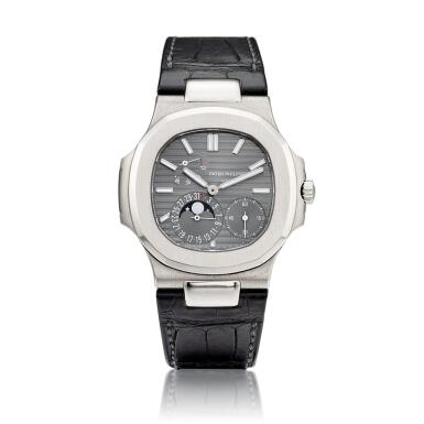 View full screen - View 1 of Lot 2137. Nautilus, Reference 5712 | A white gold wristwatch with date, moon phases and power reserve indication, Circa 2018 | 百達翡麗 | Nautilus 型號5712 | 白金腕錶,備日期、月相及動力儲備顯示,約2018年製.