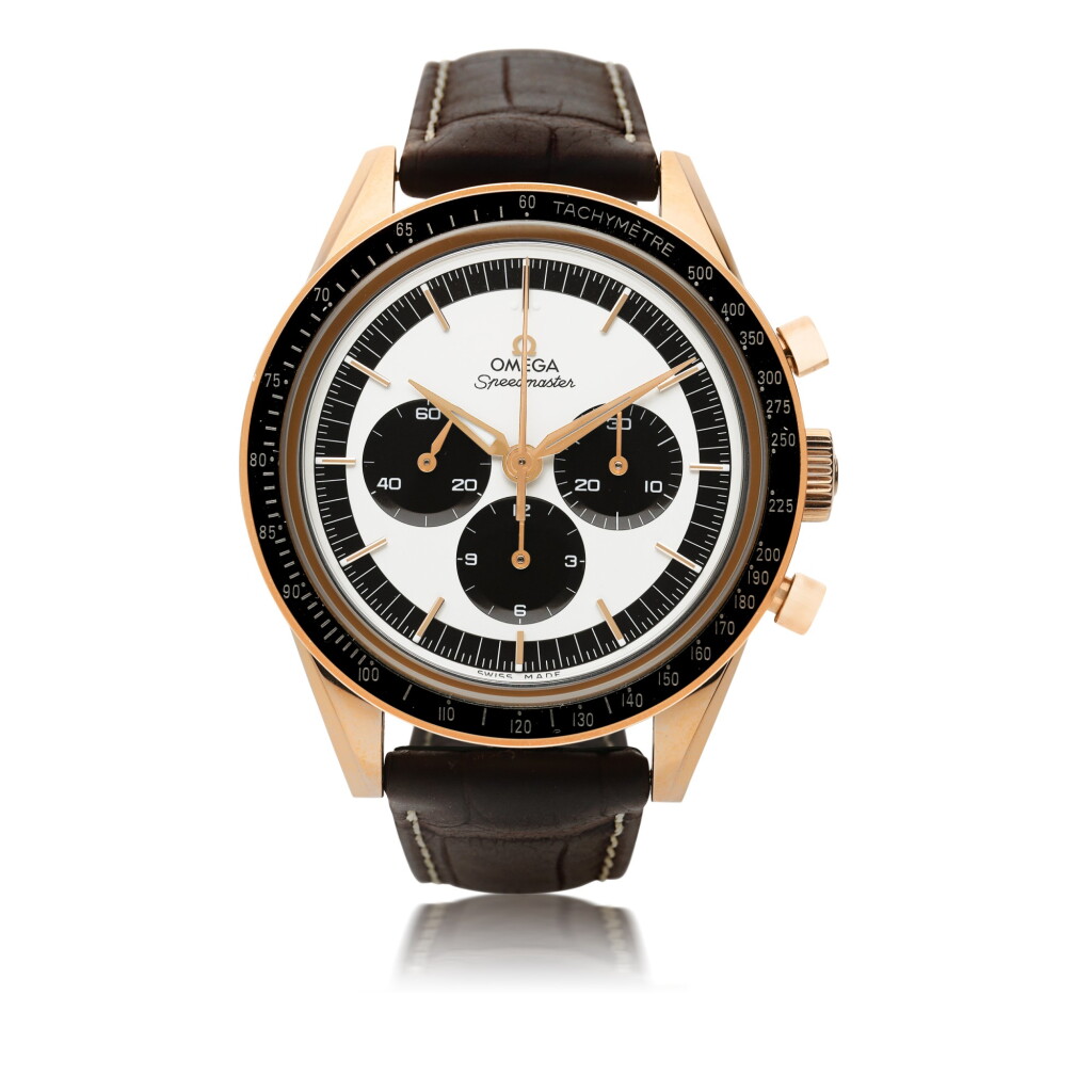 View full screen - View 1 of Lot 159. OMEGA | SPEEDMASTER NUMBERED EDITION A PINK GOLD CHRONOGRAPH WRISTWATCH WITH REGISTERS, CIRCA 2016.