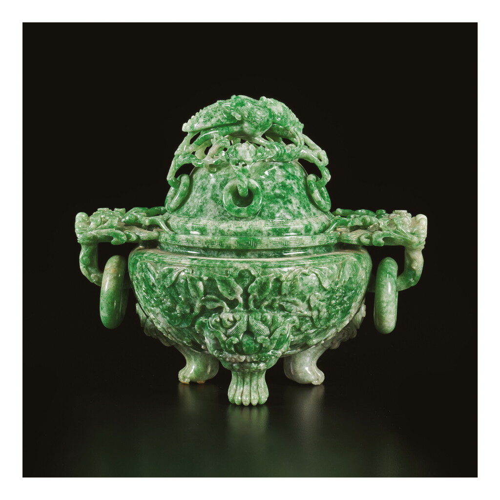 View full screen - View 1 of Lot 668. AN APPLE-GREEN JADEITE TRIPOD CENSER AND COVER, QING DYNASTY, LATE 19TH / EARLY 20TH CENTURY.