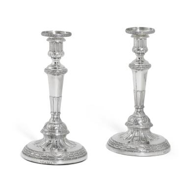 View full screen - View 1 of Lot 111. A pair of George III large silver candlesticks, John Roberts & Co., Sheffield 1807.