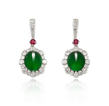 View full screen - View 1 of Lot 1255. PAIR OF JADEITE, DIAMOND AND RUBY PENDENT EARRINGS | 天然翡翠 配 鑽石 及 紅寶石 吊耳環一對.