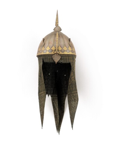 View full screen - View 1 of Lot 143. A gold-overlaid steel helmet (kulah khud), Persia, Safavid and Qajar, 18th/early 19th century.
