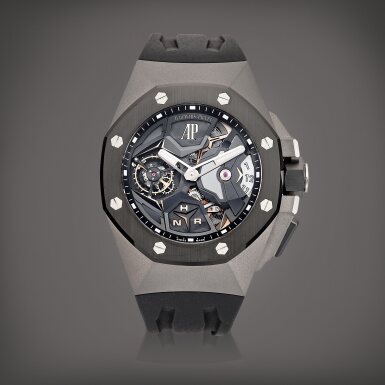 View full screen - View 1 of Lot 713. Royal Oak Concept Flying Tourbillon GMT, Reference 26589IO.OO.D002CA.01 | A titanium and black ceramic semi-skeletonised flying tourbillon dual time zone wristwatch with day and night indication, Circa 2019 | 愛彼 | 皇家橡樹概念系列飛行陀飛輪 GMT 型號26589IO.OO.D002CA.01 | 鈦金屬及黑色陶瓷半鏤空飛行陀飛輪兩地時間腕錶,備晝夜顯示,約2019年製.