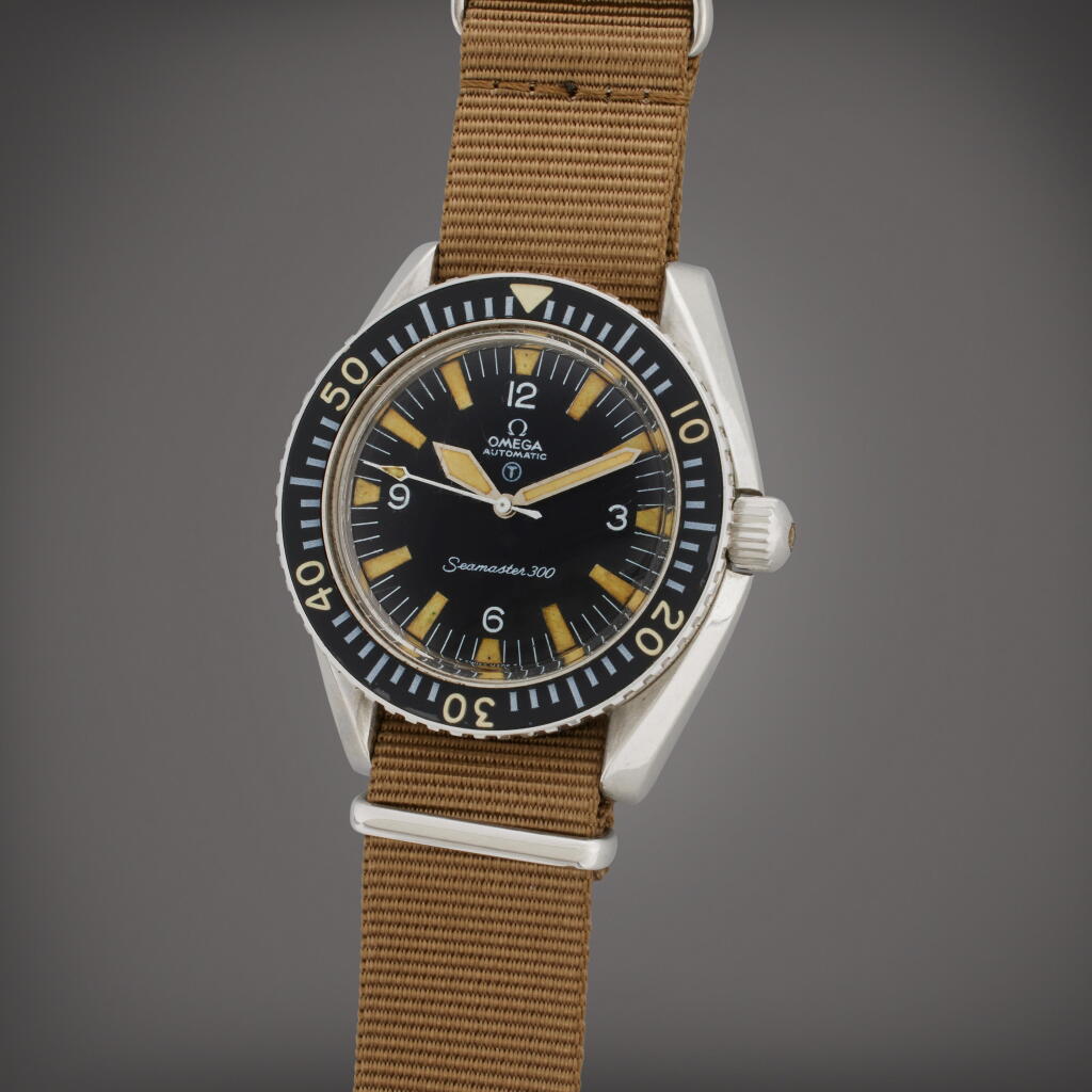 View full screen - View 1 of Lot 65. Reference 165.024 Seamaster 300 ‘Military’ | A stainless steel automatic diver’s wristwatch, Made for the British Royal Navy, Circa 1968.