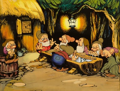 View full screen - View 1 of Lot 182. SNOW WHITE AND THE SEVEN DWARFS (1937) ORIGINAL ARTWORK USED TO CREATE THE BRITISH FRONT OF THE HOUSE LOBBY CARDS FOR THE 1940S RE-RELEASE OF THE FILM.