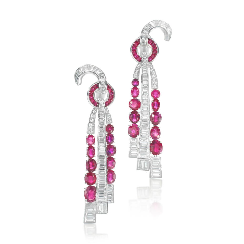 View full screen - View 1 of Lot 838. Pair of ruby and diamond pendent ear clips.