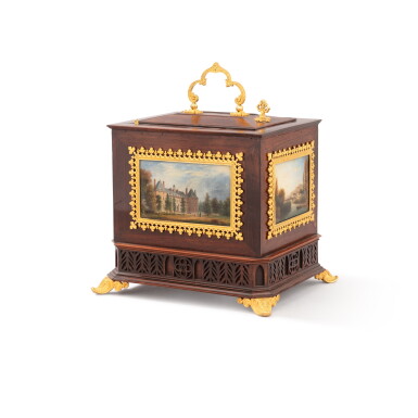 View full screen - View 1 of Lot 611. A Royal gilt-bronze mounted rosewood letter box with mounted oil on copper painted panels, by Alphonse Giroux and Félix Marie Ferdiand Storelli, vers 1820 | Boite à lettres royale en palissandre, bronze doré et miniatures sur cuivre, par Alphonse Giroux et Félix Marie Ferdinand Storelli, vers 1820.
