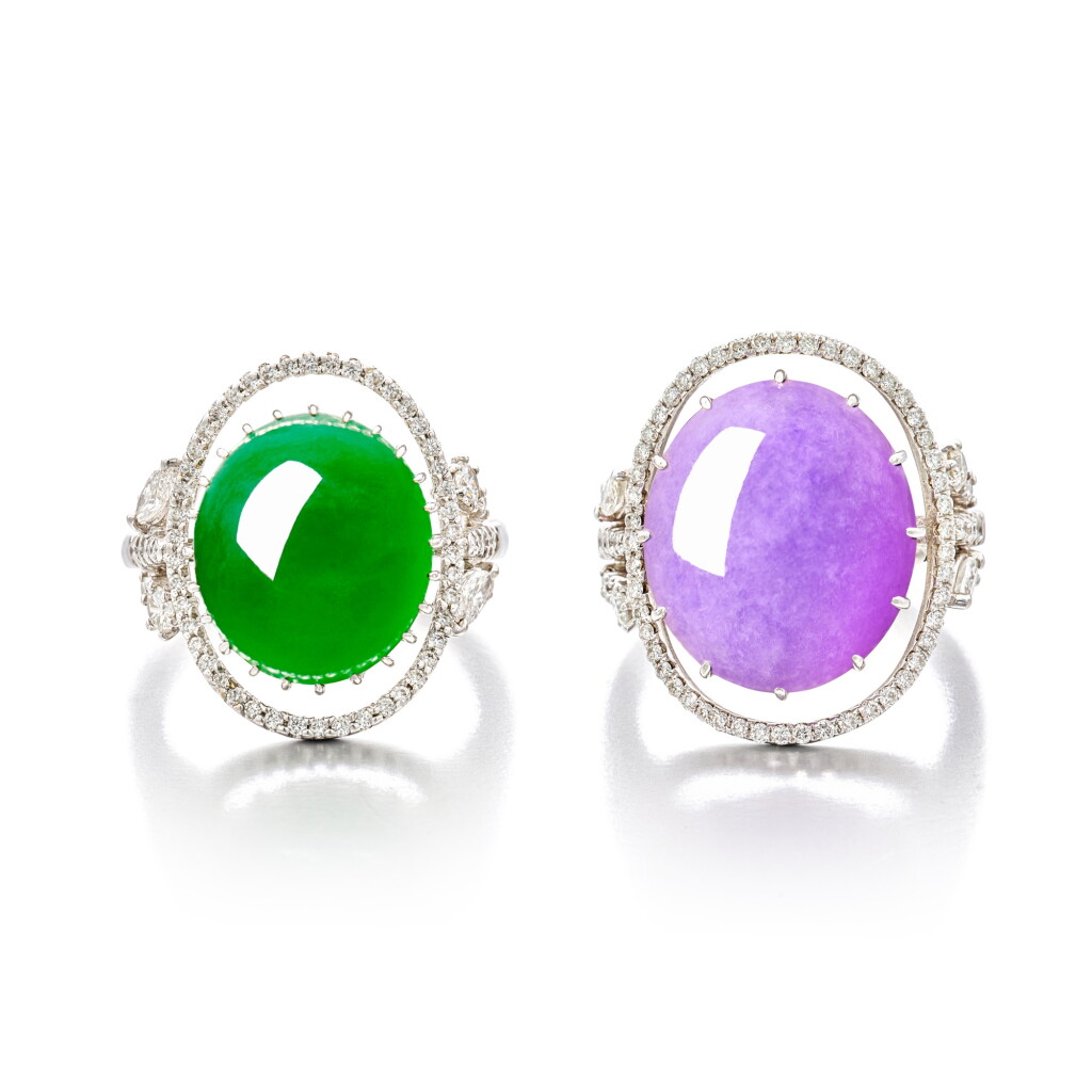 View full screen - View 1 of Lot 1839. Jadeite and Diamond Ring; and Lavender Jadeite and Diamond Ring | 天然翡翠 配 鑽石 戒指 及 天然紫色翡翠 配 鑽石戒指.