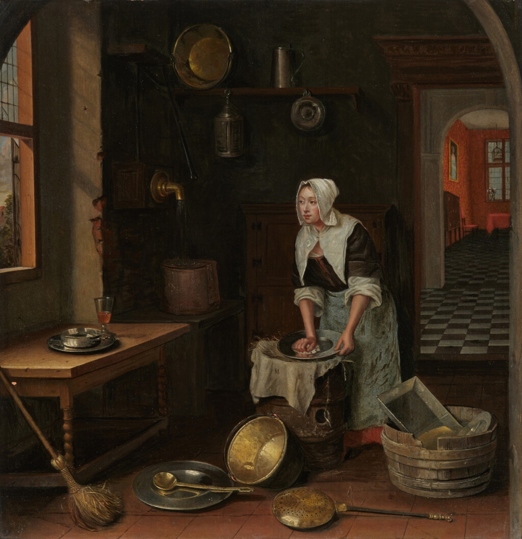 View full screen - View 1 of Lot 1077. A kitchen maid washing a pewter plate in a feigned arched stone window.