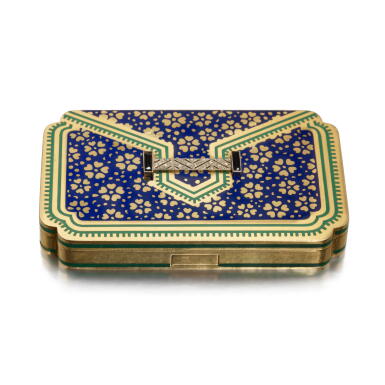 View full screen - View 1 of Lot 171. A Jeweled Gold and Enamel Art Deco Vanity Case, Strauss, Allard & Meyer for Cartier, Paris, Retailed by CF, London, 1927 .