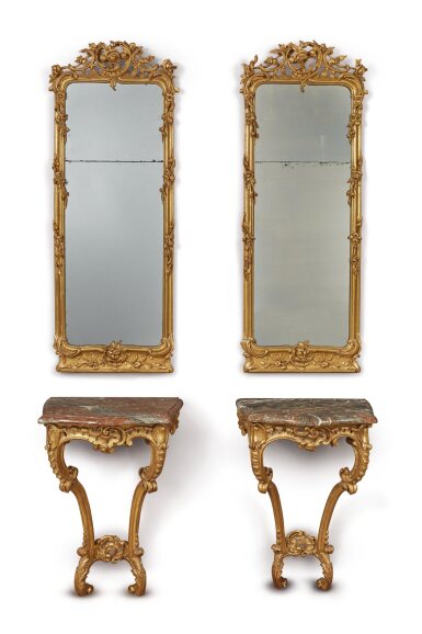 View full screen - View 1 of Lot 78. Pair of Louis XV Giltwood Consoles and Pier Mirrors, probably 19th Century.