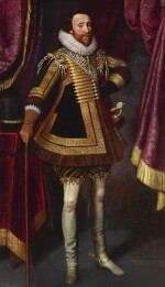 MICHIEL JANSZ. VAN MIEREVELT | Portrait of James Hay, 1st Earl of Carlisle (1580–1636), full-length, wearing an embroidered doublet, his hat on a table beside him