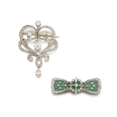 View full screen - View 1 of Lot 2. Diamond brooch and diamond and enamel brooch.