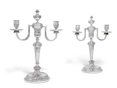 View full screen - View 1 of Lot 38. A pair of Austrian silver two-light candelabrum, Johann Georg Hann, Vienna, 1788.