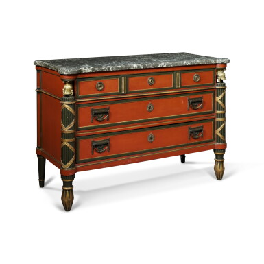 View full screen - View 1 of Lot 1165. WINDSOR: An Empire Style Gilt-Bronze Mounted Parcel-Gilt and Red and Black Painted Commode.
