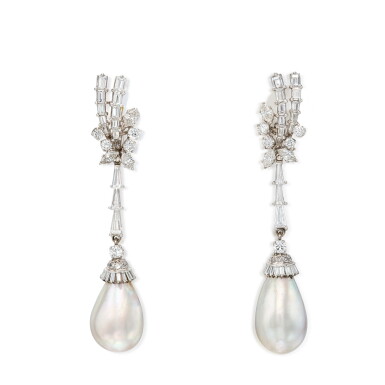 View full screen - View 1 of Lot 119. Pair of Natural Pearl and Diamond Pendant-Earclips 天然珍珠配鑽石耳墜一對.