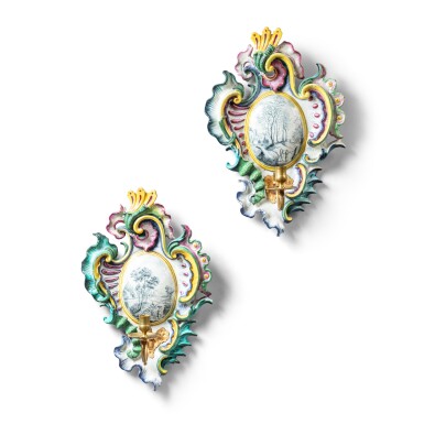View full screen - View 1 of Lot 150. A pair of large Höchst fayence rococo-form wall sconces, circa 1748-50.