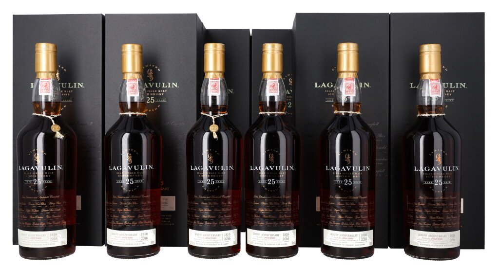View full screen - View 1 of Lot 5918. Lagavulin 25 Year Old 200th Anniversary Edition 51.7 abv NV (6 BT75).