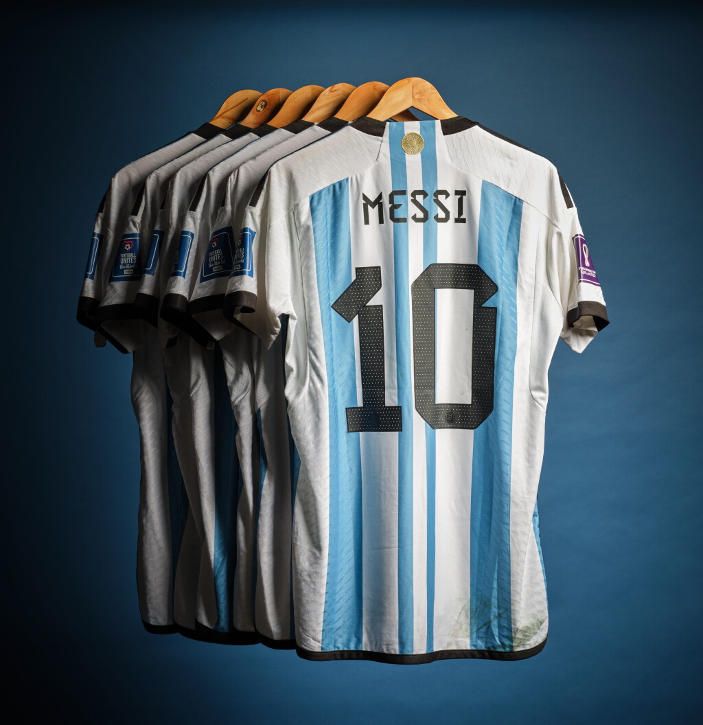 View full screen - View 1 of Lot 1. Set of 6 Lionel Messi 2022 FIFA World Cup Match Worn Shirts | Finals, Semifinals, Quarterfinals, Round of 16 & 2 Group Stage Matches.