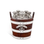 Yacht Prize: A Set of Six Glass Decanters In Burlwood Pail with Silver-Plated Mounts, Dated 1893