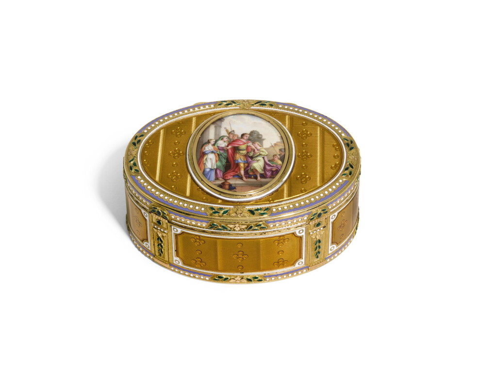 View full screen - View 1 of Lot 157. A two-colour gold and enamel snuff box, Les Freres Toussaint, Hanau, circa 1780.