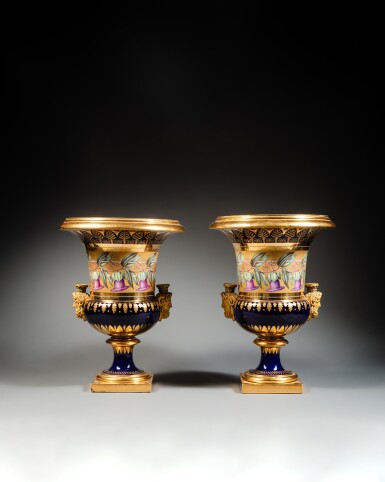 View full screen - View 1 of Lot 93. A pair of Sèvres (hard paste) porcelain beau bleu-ground two-handled vases 'Médicis à têtes de Jupiter', circa 1806, presented by Napoléon I to Charles Maurice de Talleyrand-Périgord, Prince of Benevento in 1807.